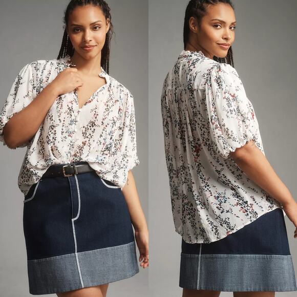 Anthropologie Estela Sheer Printed Short Sleeve Blouse White Floral XL NWT - Picture 1 of 9